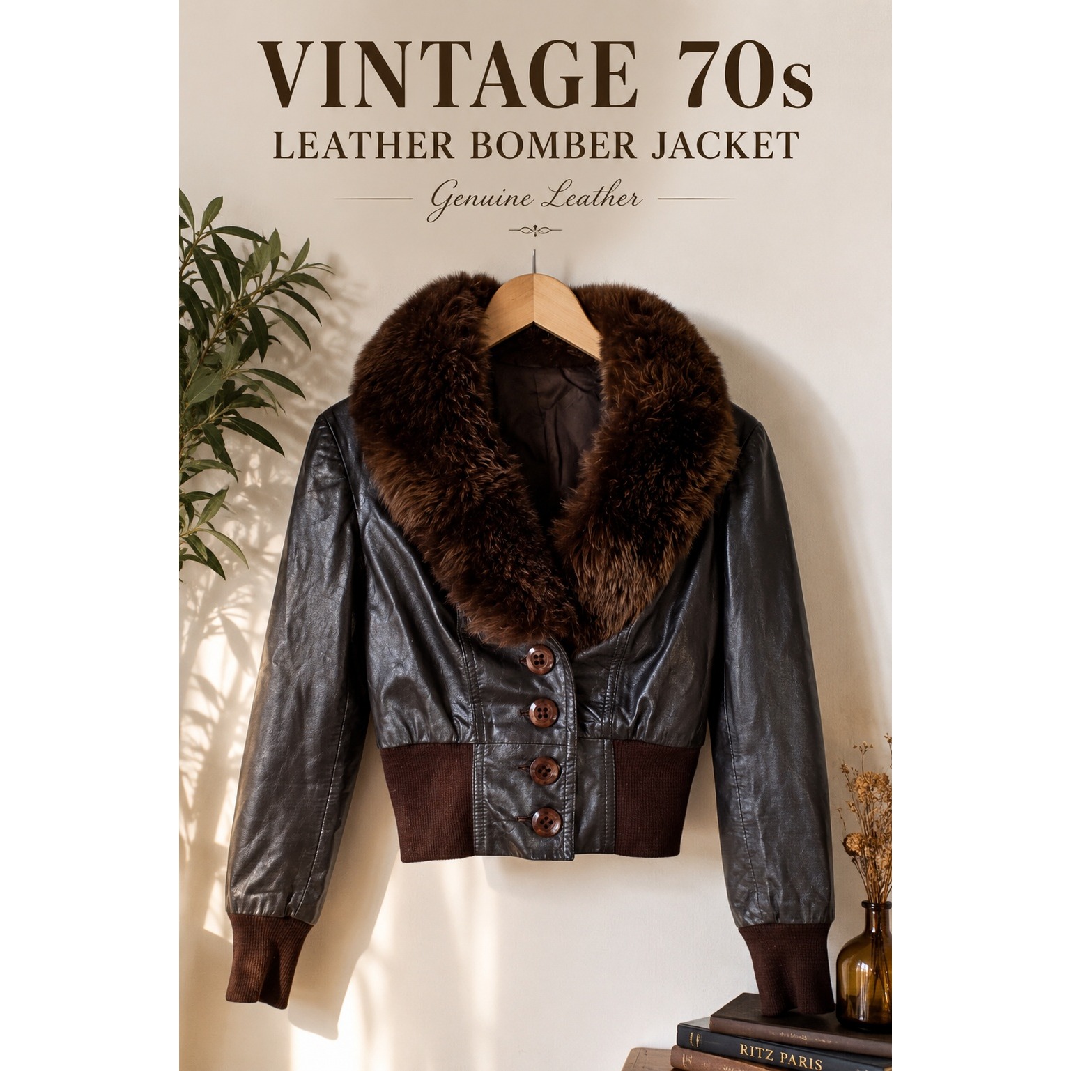 Vintage 70s Cropped Leather Bomber Jacket Fur Collar Brown Rib Knit Mob Wife S